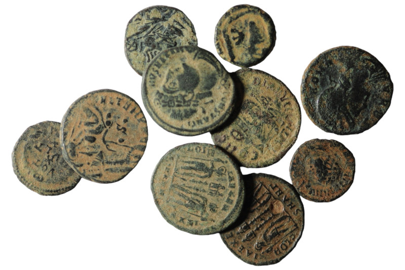 Lot of 10 Roman bronze Follis. artifcial sandpatina. sold as seen, no return.