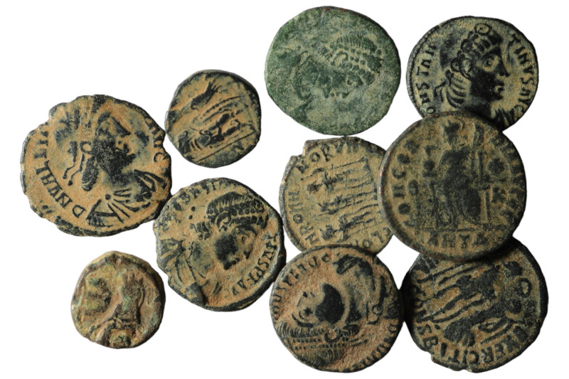 Lot of 10 Roman bronze Follis. artifcial sandpatina. sold as seen, no return.