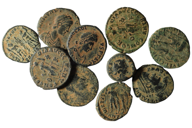 Lot of 10 Roman bronze Follis. artifcial sandpatina. sold as seen, no return.