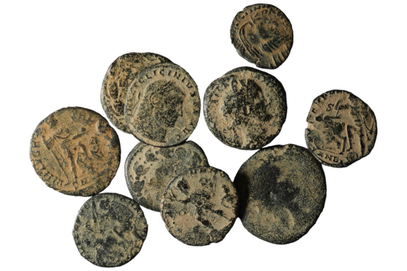 Lot of 10 ancient bronze coins. artifcial sandpatina. sold as seen, no return.