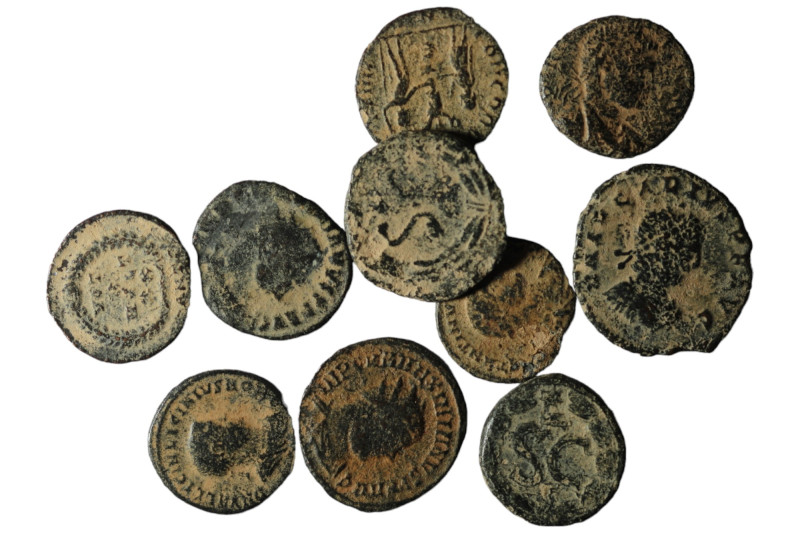 Lot of 10 ancient bronze coins. artifcial sandpatina. sold as seen, no return.