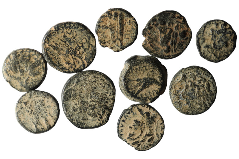 Lot of 10 ancient bronze coins. artifcial sandpatina. sold as seen, no return.