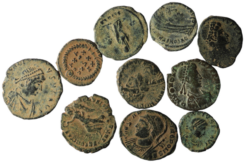 Lot of 10 Roman bronze Follis. artifcial sandpatina. sold as seen, no return.