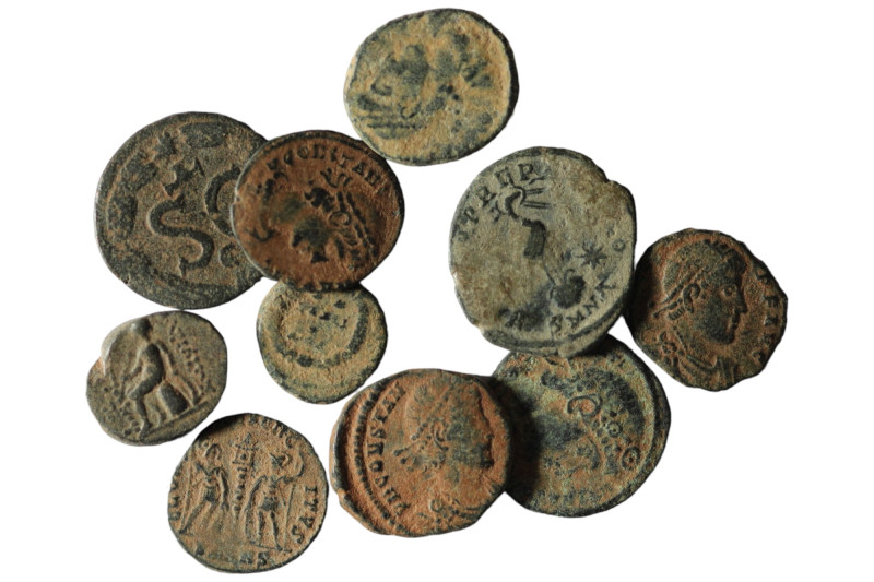 Lot of 10 Roman bronze Follis. artifcial sandpatina. sold as seen, no return.