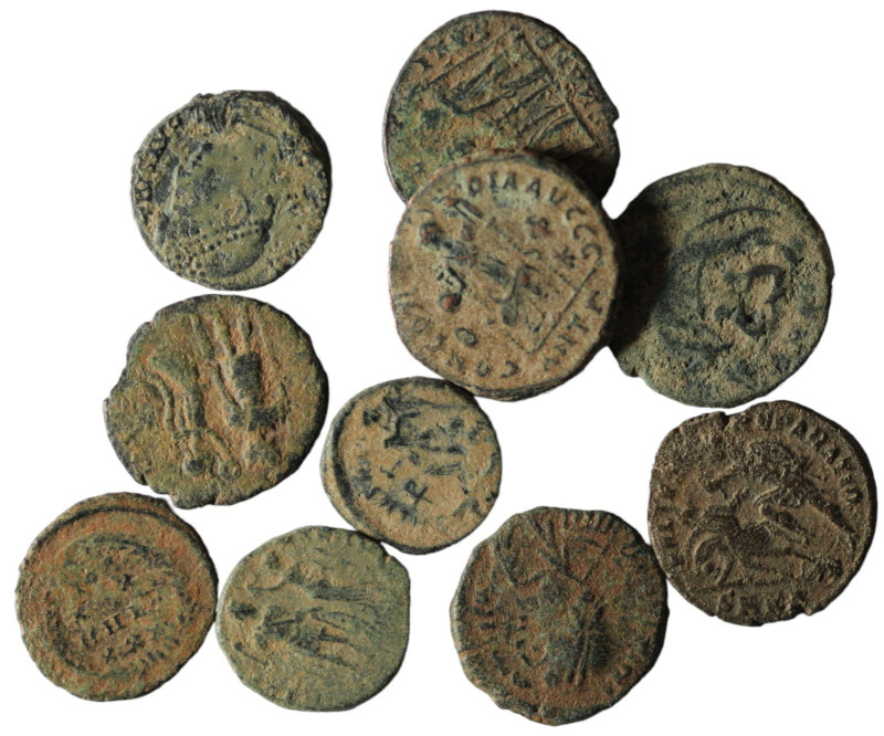 Lot of 10 Roman bronze Follis. artifcial sandpatina. sold as seen, no return.