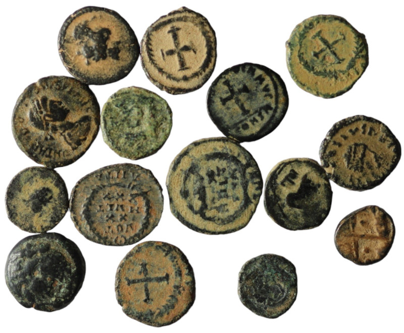 Lot of 15 small ancient bronze coins. artifcial sandpatina. sold as seen, no ret...