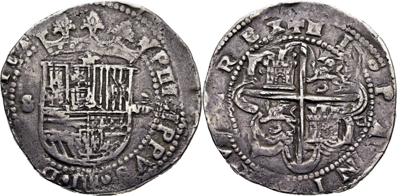 Felipe II. Sevilla. 8 reales. Nd. D cuadrada en reverso. Cy3949. Acuñación de an...