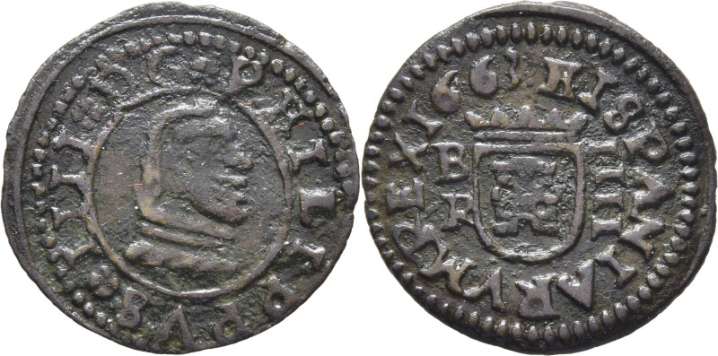 Felipe IV. Burgos. 4 maravedís. 1663. R. Ceca sobre ensayador a la izquierda de ...