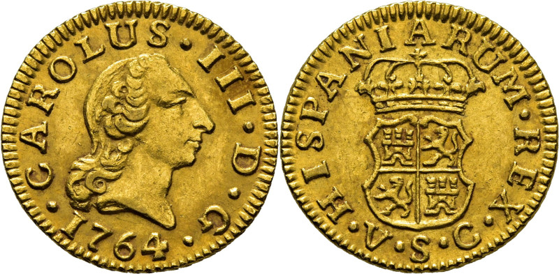 Carlos III. Sevilla. 1/2 escudo. 1764. VC. Cy12150. 1´81 g. EBC-/EBC, restos de ...