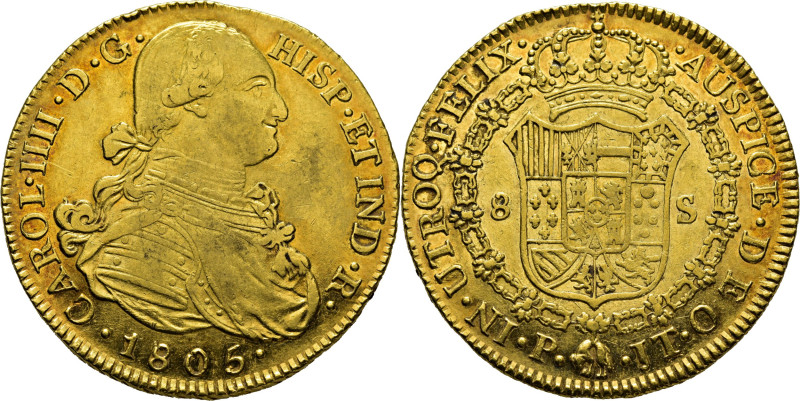 Carlos IV. Popayán. 8 escudos. 1805. JT. Cy14596. 27´04 g. Leves marcas en el ca...