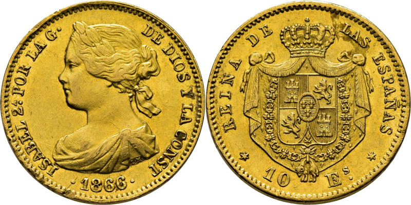 Isabel II. Madrid. 10 escudos. 1866. Cy17401. 8´41 g. Leve erosión en grafila de...