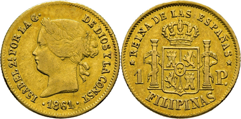 Isabel II. Manila. 1 peso. 1861 estando el 6 rectificado sobre 5, ¿y el 8 sobre ...