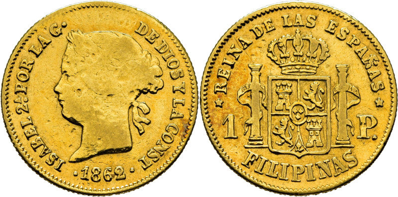 Isabel II. Manila. 1 peso. 1862. Cy17248. 1´75 g. Limpiada intensamente. Restos ...