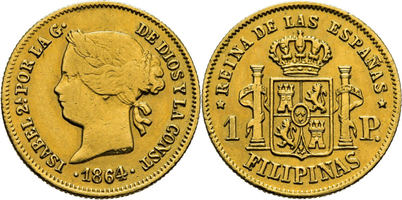 Isabel II. Manila. 1 peso. 1864 sobre 2. Cy17252. 1´68 g. Algo limpiada, sobre t...