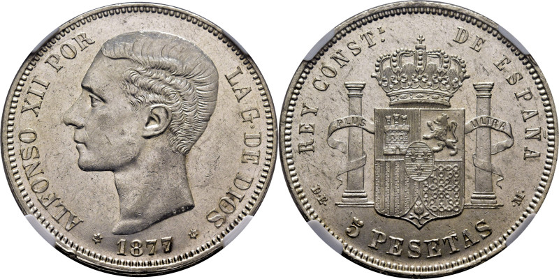 Alfonso XII. Madrid. 5 pesetas. 1877*18-77. DEM. Cy17505. Algunas marquitas, la ...