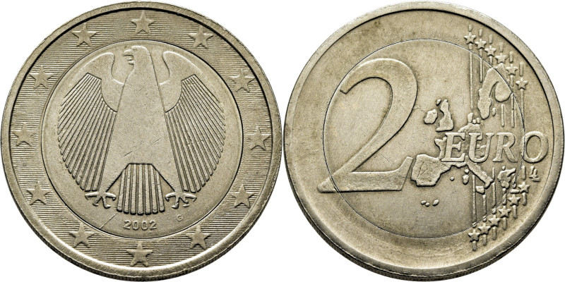 ALEMANIA. 2 euros. Águila. 2002 G. Error de acuñación al usar un solo metal (níq...