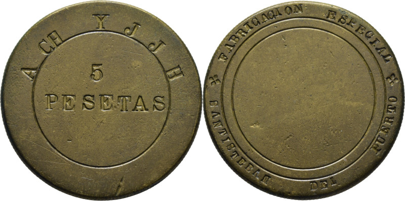 SANTISTEBAN DEL PUERTO (Jaen). Fabricación especial. A. CH. y J. J. H. 5 pesetas...