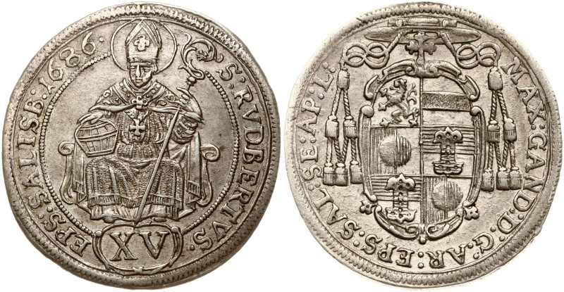 Austria, Salzburg. Max Gandolf von Kuenburg (1668-1687). 15 Kreuzer 1686. Silver...