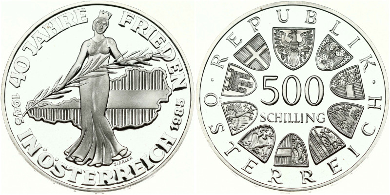 Austria 500 Schilling 1985 40 Years of Peace in Austria. Obverse: Value within c...