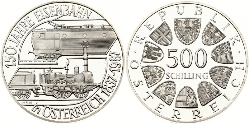 Austria. 500 Schilling 1987, 150th Anniversary - Austrian Railroad. Silver .925,...