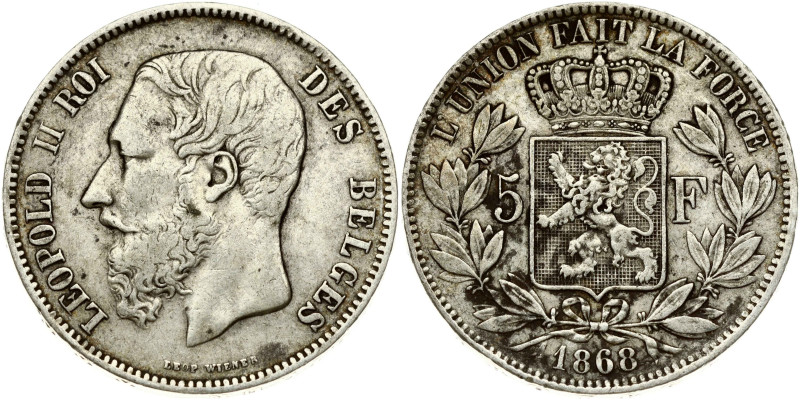 Belgium 5 Francs 1868 Leopold II (1865-1909). Obverse: Smaller head; engraver's ...