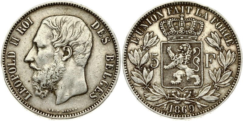 Belgium 5 Francs 1869 Leopold II (1865-1909). Obverse: Smaller head; engraver's ...