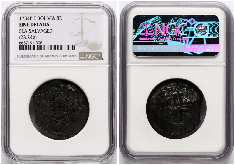 Bolivia. Philip V (1700--1746). 8 Reales 1734 E. Silver. KM 31a, KM R31. NGC FIN...