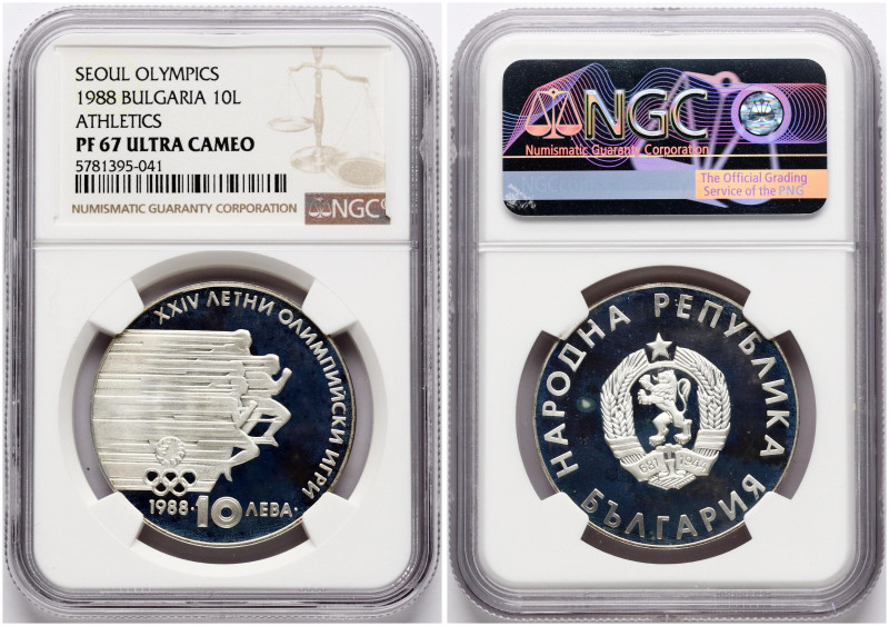 Bulgaria. 10 Leva 1988, Summer Olympics. Silver. KM 185. NGC PF 67 ULTRA CAMEO.