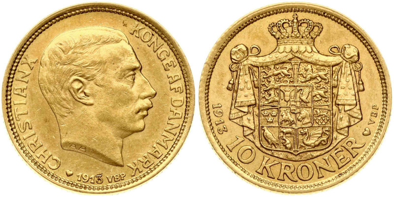 Denmark 10 Kroner 1913 VBP. Christian X (1912-1947). Gold 4.47g. KM-816