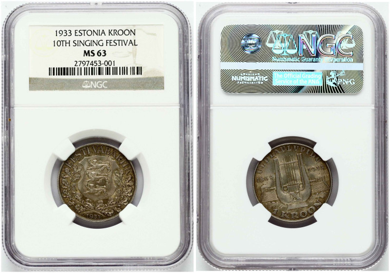 Estonia. 1 kroon 1933 10th Singing Festival. Silver. KM 14. Kaupo Laan-22. NGC M...