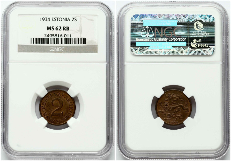 Estonia. 2 senti 1934. Bronze. KM 15. NGC MS 62 RB