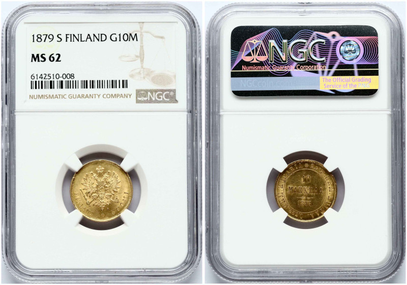 Finland 10 Markkaa 1879 S Alexander II (1854-1881). Gold 3.23g. Bitkin 615. NGC ...