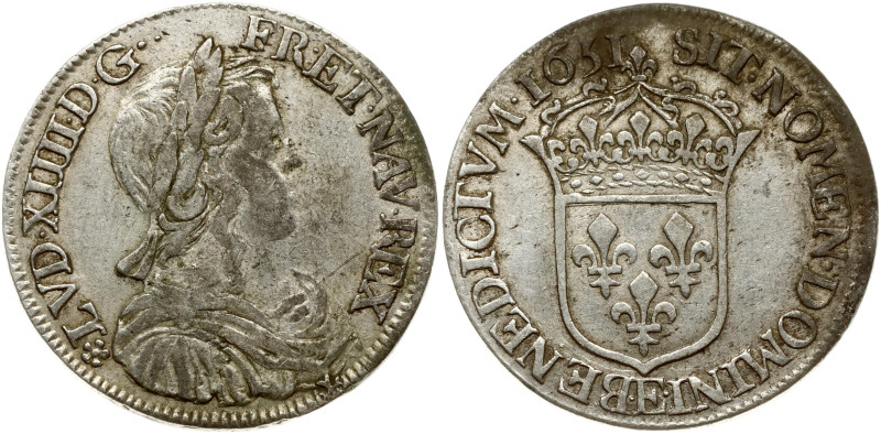 France. Louis XIV (1643-1715). 1/2 Ecu 1651 E, Tours. Silver 13.59 g. KM-164.6.