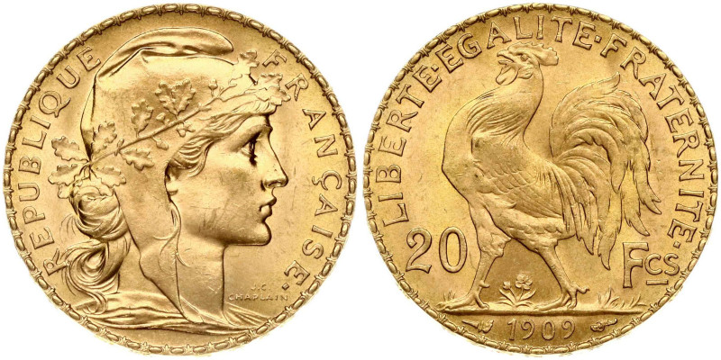 France 20 Francs 1909. Gold 6.44g. KM-857