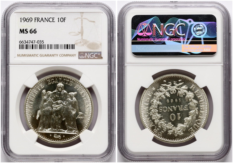 France. 10 Francs 1969. Silver. KM 932. NGC MS 66. Only 3 coins in higher grade.