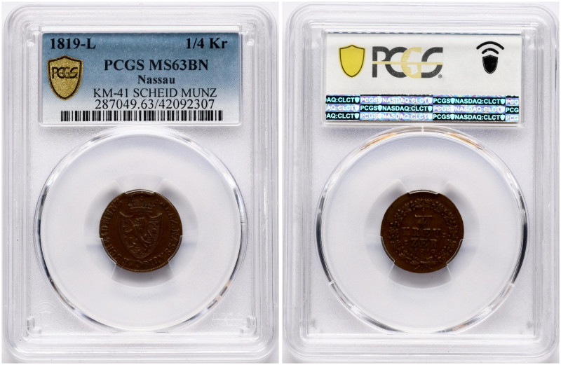 Germany, Nassau. William (1816-1839). 1/4 Kreuzer 1819 L. Copper. KM 41. PCGS MS...