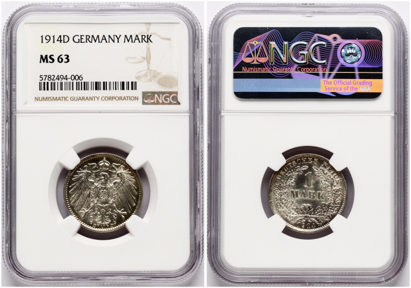 Germany. Wilhelm II (1888-1918). 1 Mark 1914 D. Silver. KM 14. NGC MS 63.