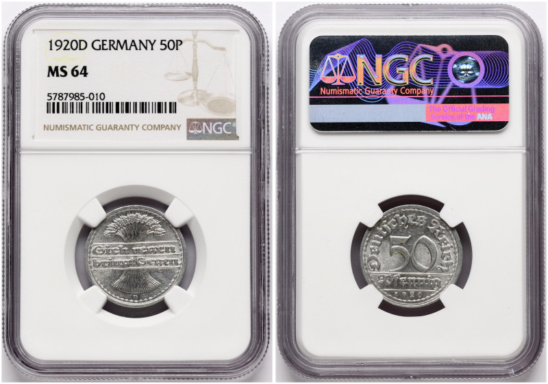 Germany, Weimar Republic. 50 Pfennig 1920 D. Aluminium. KM 27. NGC MS 64.