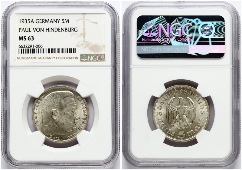 Germany, Third Reich. 5 Reichsmark 1935 A Paul von Hindenburg. Silver. KM-86. NG...