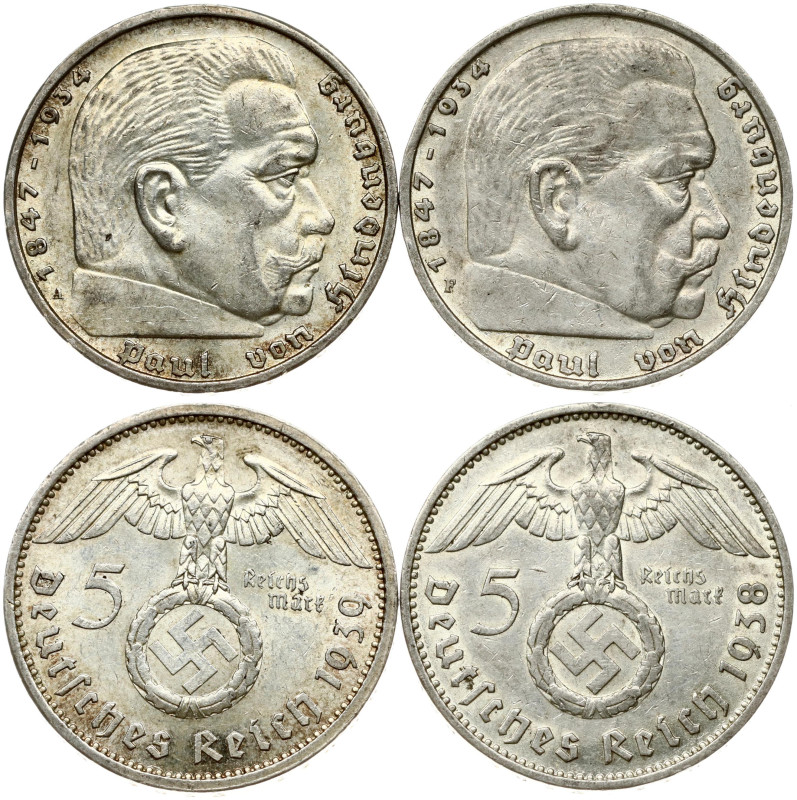 Germany Third Reich 5 Reichsmark 1938 F & 1939 A Hindenburg. Silver total 27.57 ...