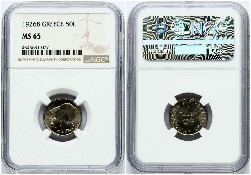 Greece 50 Lepta 1926 B	Copper-nickel. KM-68. NGC MS 65