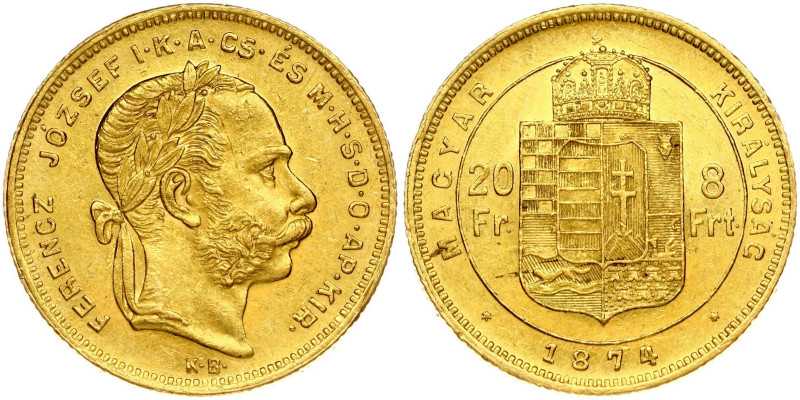 Hungary. Franz Joseph I (1848-1916). 20 Francs - 8 Forint 1874 KB. Gold 6.42 g. ...