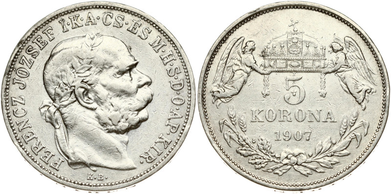 Hungary 5 Korona 1907 KB. Franz Joseph I (1848-1916). Silver 23.90 g. KM-488