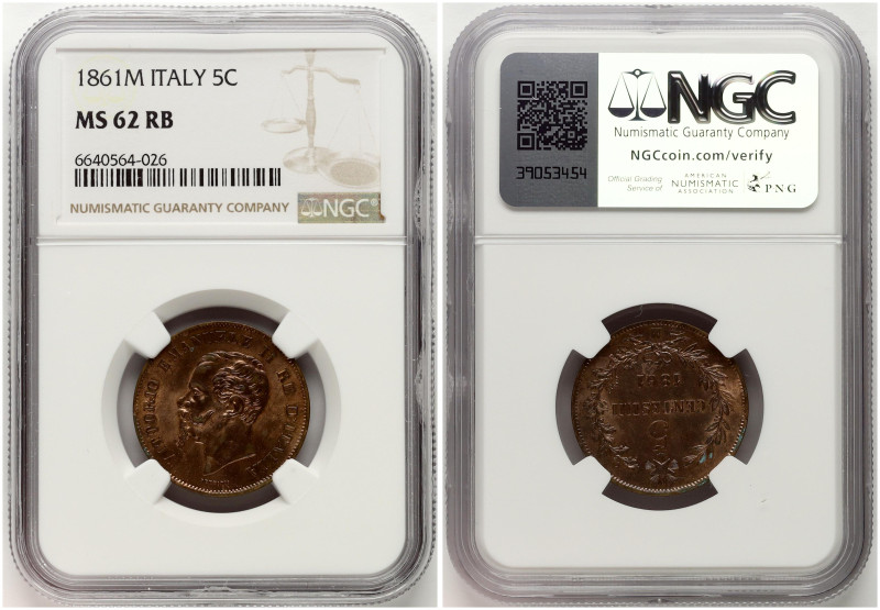 Italy. Vittorio Emanuele II (1861-1878). 5 Centesimi 1861 M. Bronze. KM 3. NGC M...