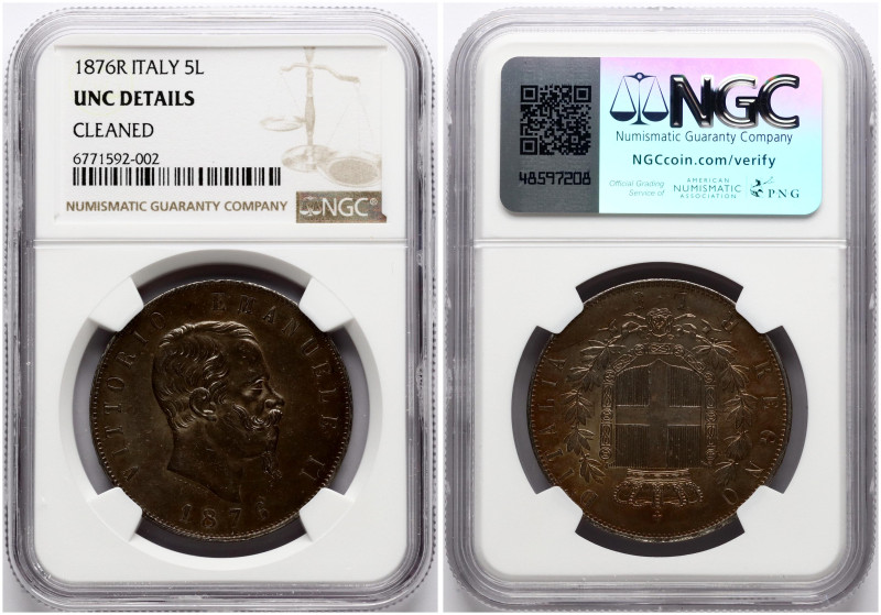 Italy. Vittorio Emanuele II (1861-1878). 5 Lire 1876 R. Silver. KM 8.4. NGC UNC ...