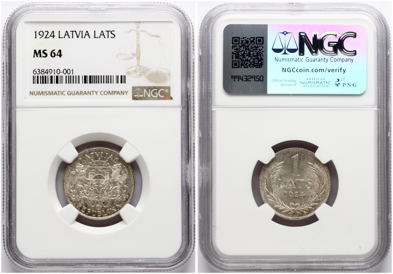 Latvia. 1 Lats 1924. Silver. KM 7. NGC MS 64.