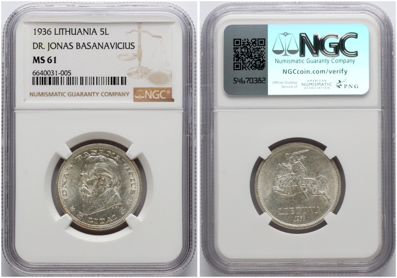 Lithuania. 5 Litai 1936 Basanavicius. Silver. KM 82. NGC MS 61.