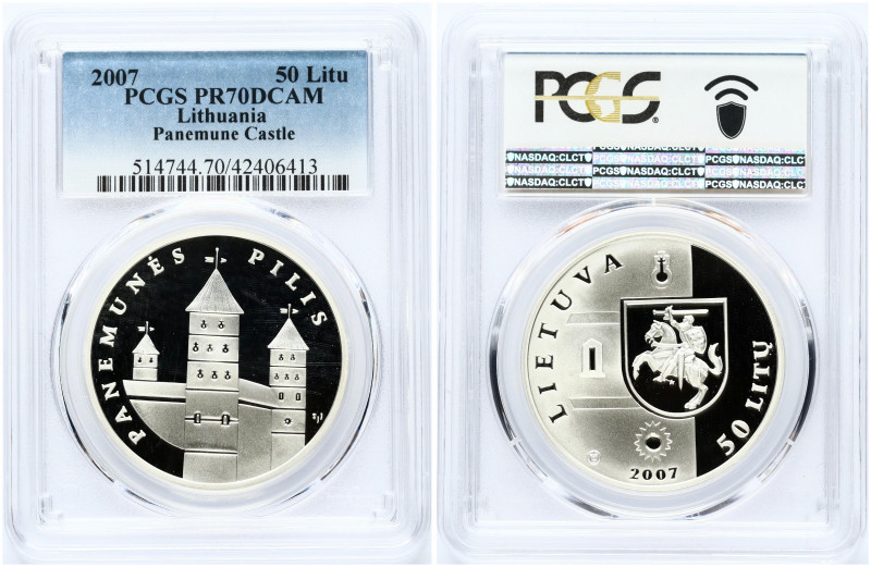 Lithuania 50 Litų 2007 Panemune Castle. Silver. KM 161. PCGS PR 70 DCAM MAX GRAD...