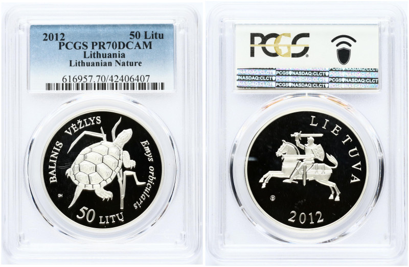 Lithuania 50 Litų 2012 Pond Turtle. Silver. KM 178. PCGS PR 70 DCAM MAX GRADE.