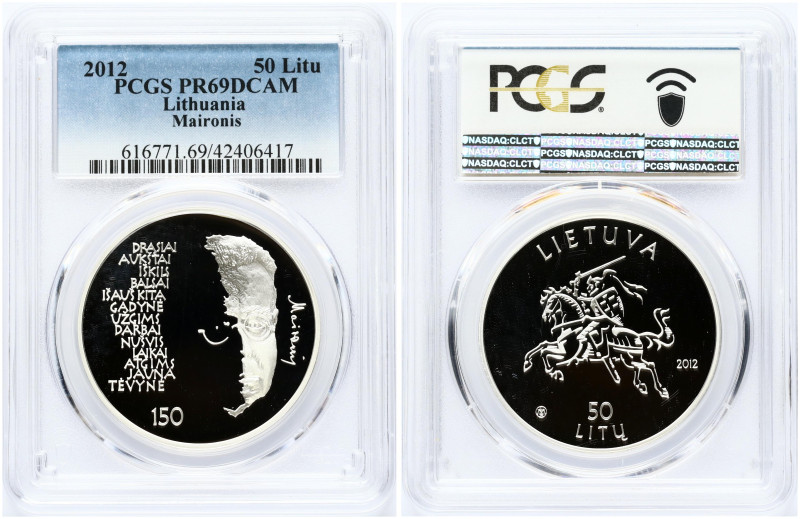 Lithuania 50 Litų 2012 Maironis 150th Anniversary of Birth. Silver. KM 192. PCGS...